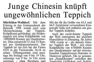 Mehr über den Artikel erfahren Junge Chinesin knüpft ungewöhnlichen Teppich